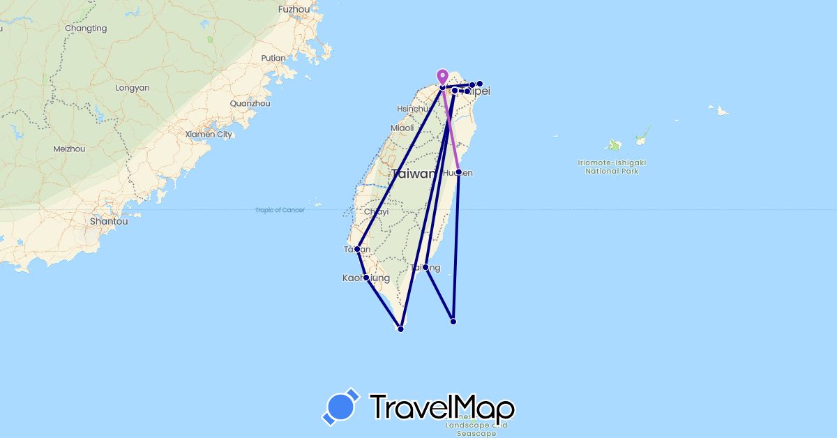 TravelMap itinerary: driving, train in Taiwan (Asia)
